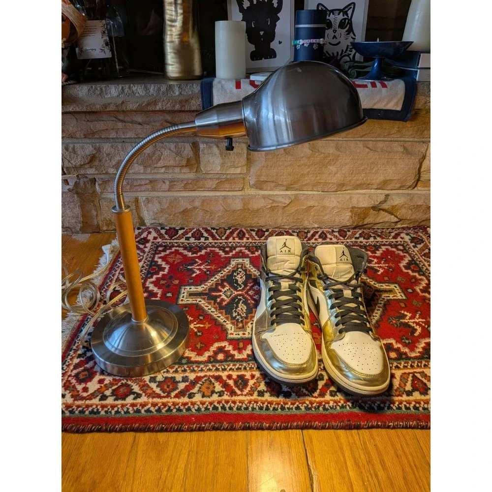 Vintage Mid-Century Gooseneck Desk Lamp – Brushed Nickel & Orange/Wood Tone Stem